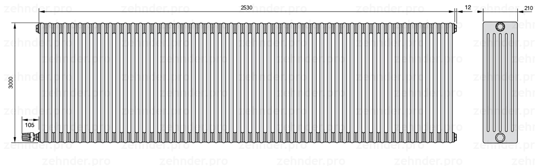 Схема (чертеж) Радиатор Zehnder Charleston 6300/55 №V003 Белый глянцевый RAL 9016